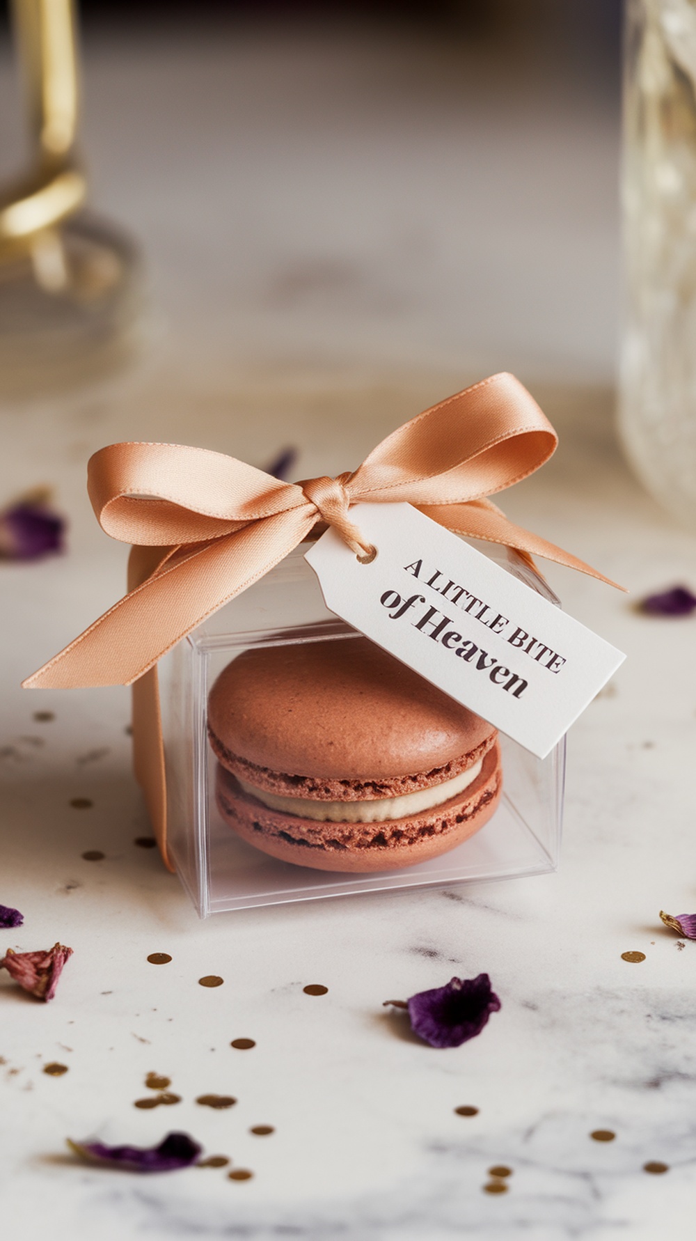 Chocolate macaron in a clear box with a ribbon and a tag reading 'A Little Bite of Heaven'