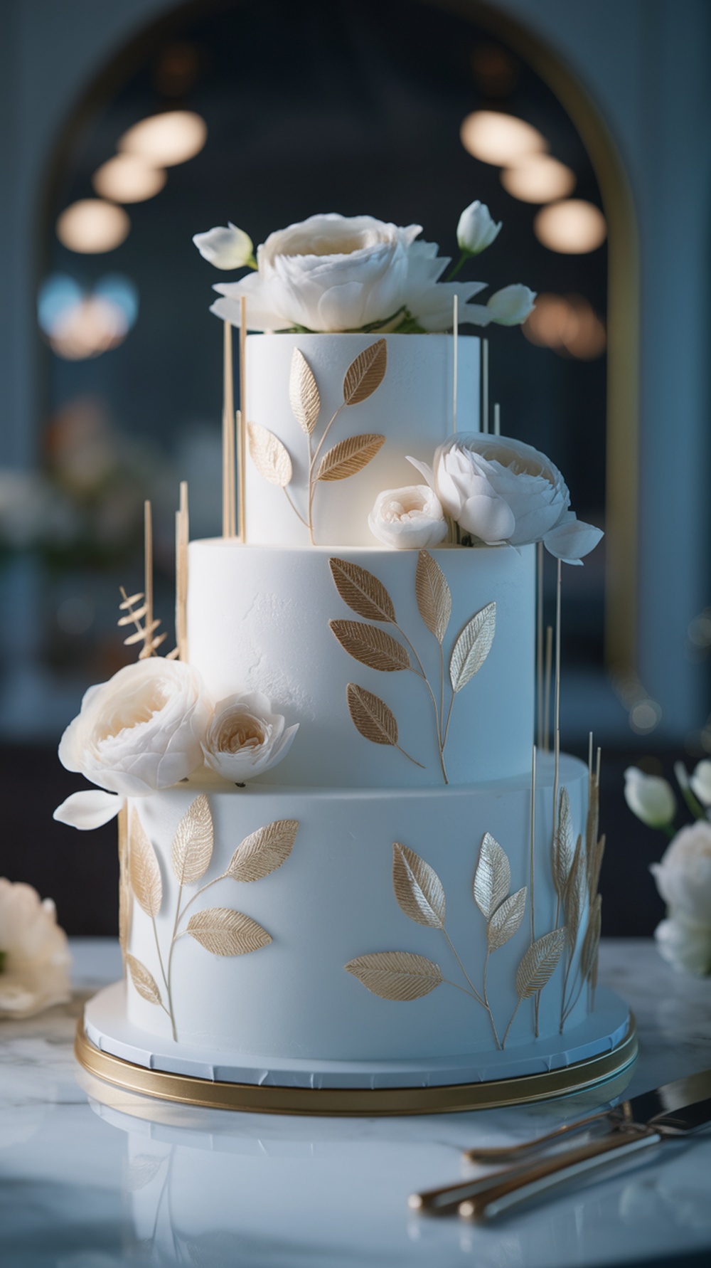 A beautiful three-tiered cake with white frosting, gold leaf accents, and white flowers, creating a floating tier illusion.