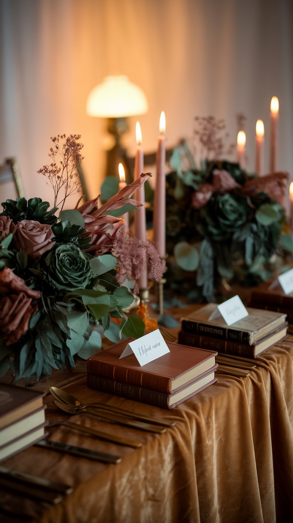 A cozy autumn reading nook inspired by Rory Gilmore, featuring a table with flowers, candles, and stacked books.