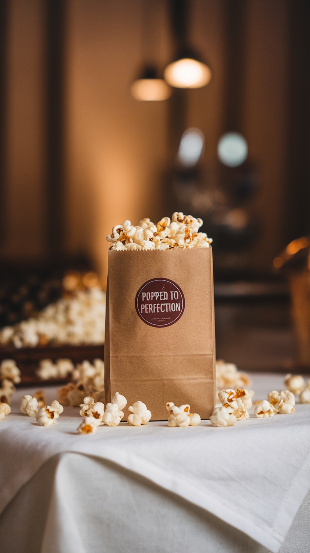 A mini popcorn bag labeled 'Popped to Perfection' filled with popcorn, surrounded by scattered popcorn on a table.