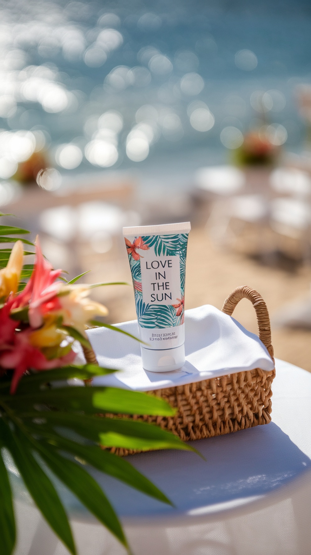 A tube of sunscreen labeled 'Love in the Sun' placed on a table with tropical decorations.