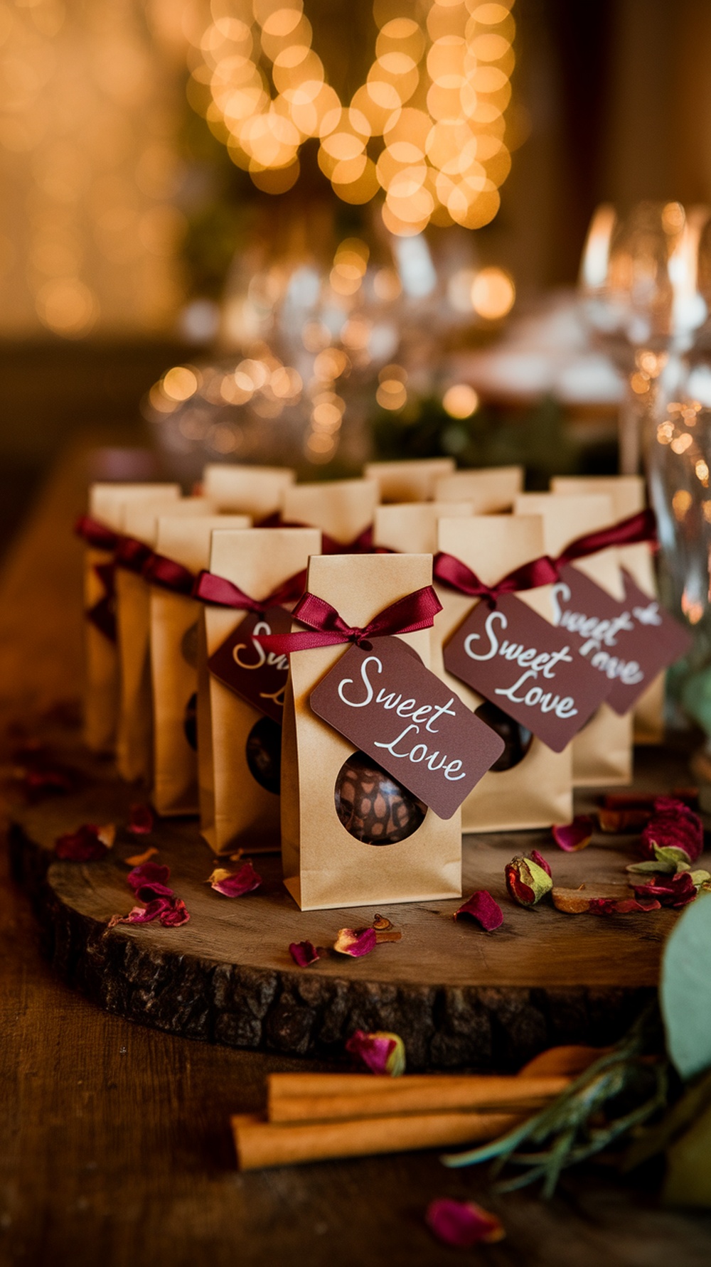 A display of cherry mocha guest favours in elegant packaging with a 'Sweet Love' tag, set against a backdrop of soft lights.