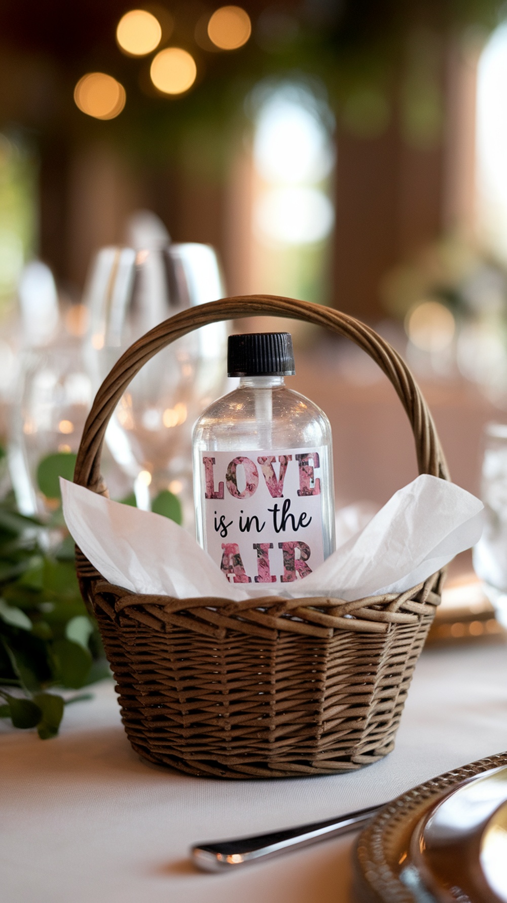 A bottle of personalized hand sanitizer with a label saying 'Love is the air' in a small wicker basket.