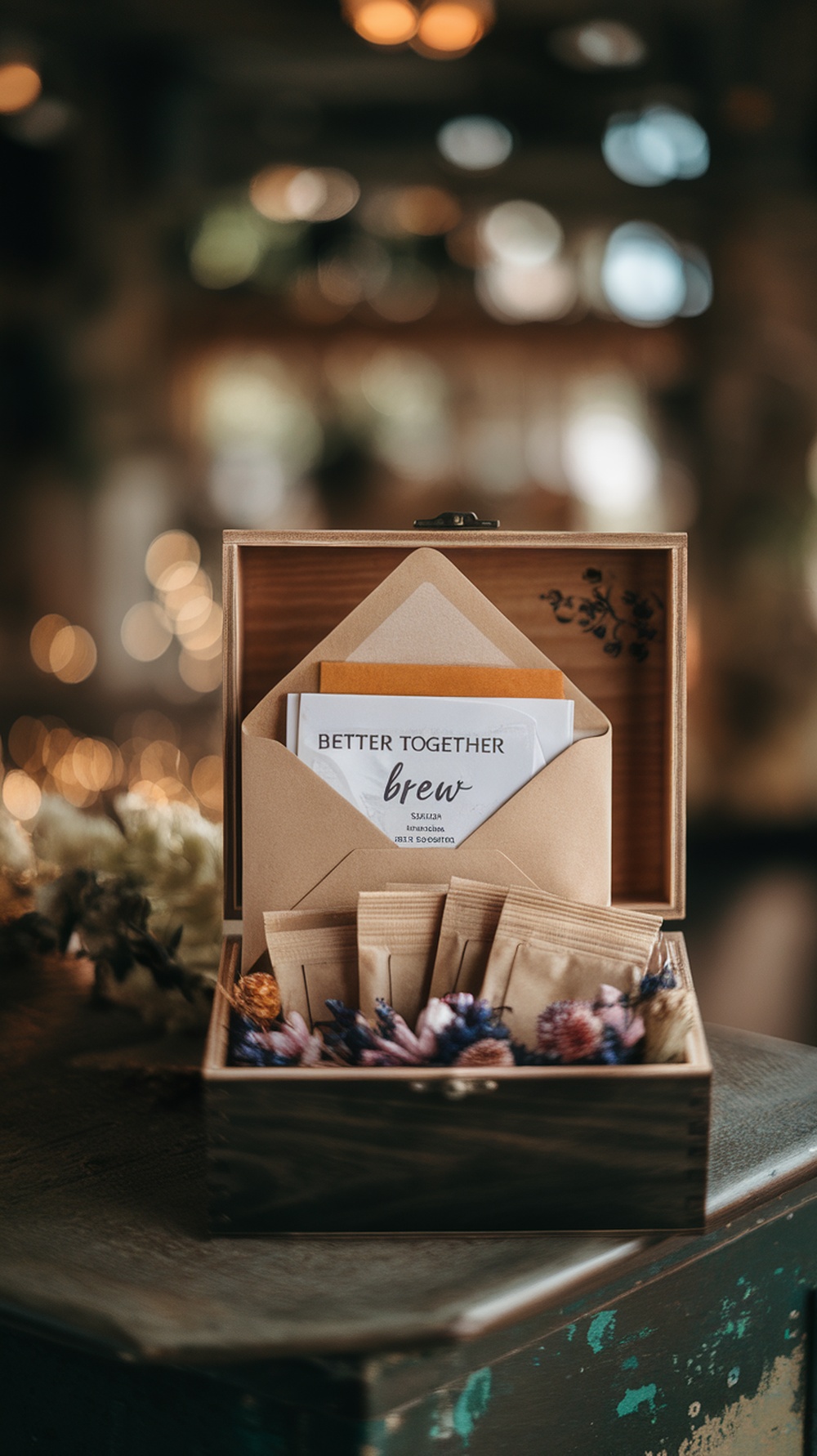 A wooden box containing tea bag favors with decorative flowers and letters spelling 'Together Brew'.