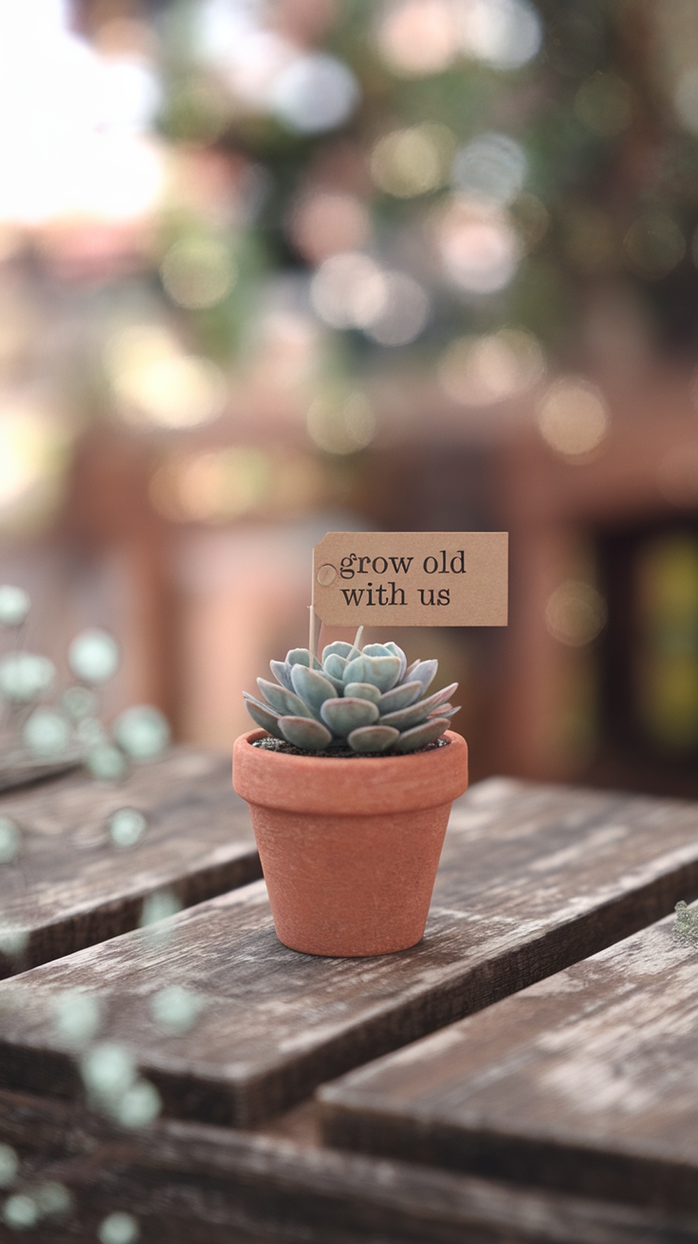 A small terracotta pot with a succulent and a tag that says 'grow old with us'.