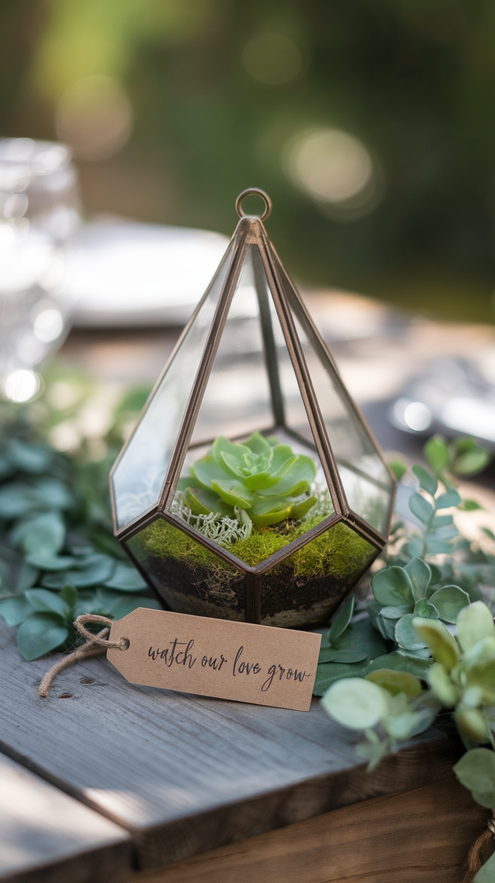 A mini terrarium with a succulent, moss, and a tag that reads 'watch our love grow' on a wooden table.