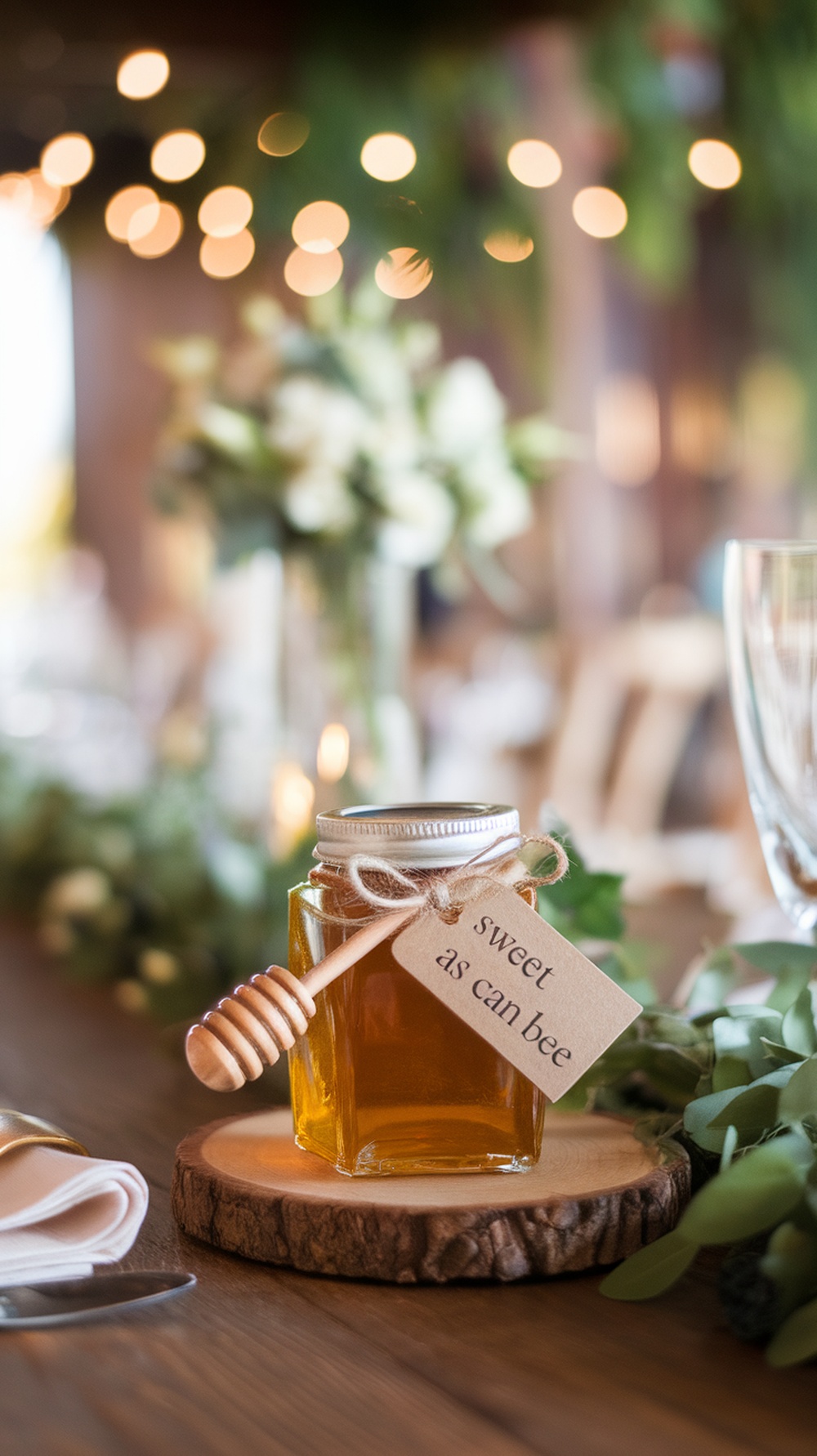 A honey jar favor with a wooden dipper and a tag that reads 'sweet as can bee', placed on a wooden slice.