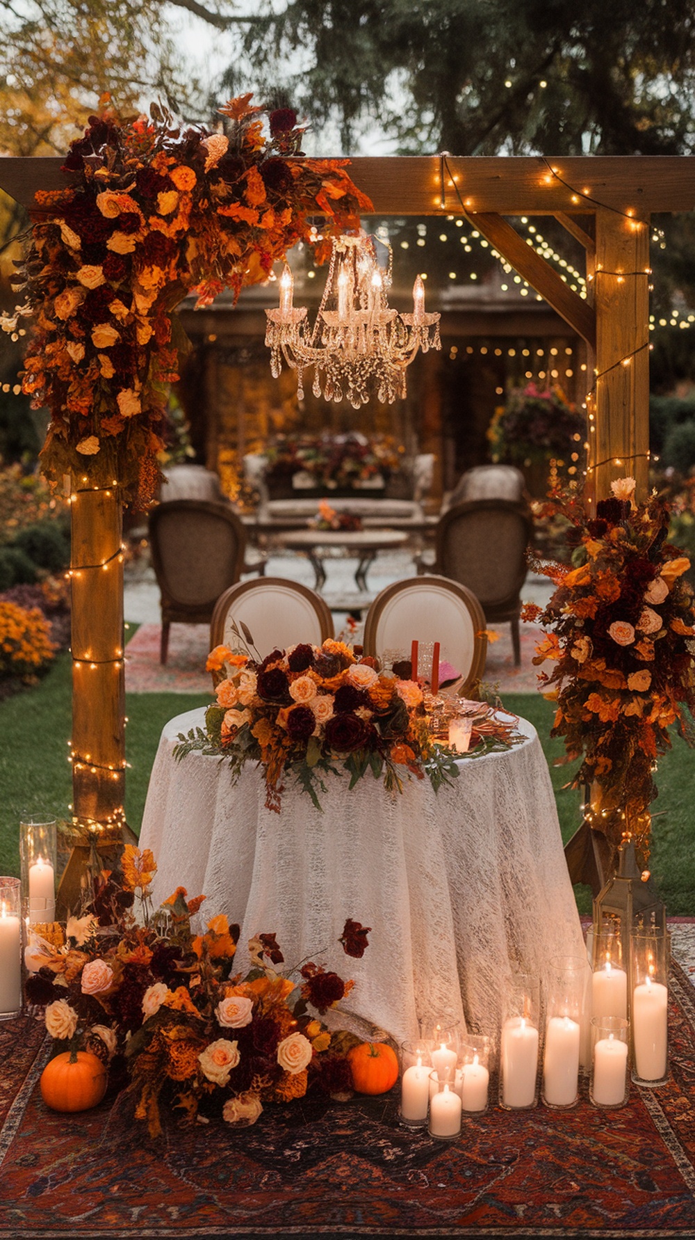 A woodland sweetheart table adorned with flowers, pumpkins, and fairy lights, creating a cozy and whimsical wedding setting.