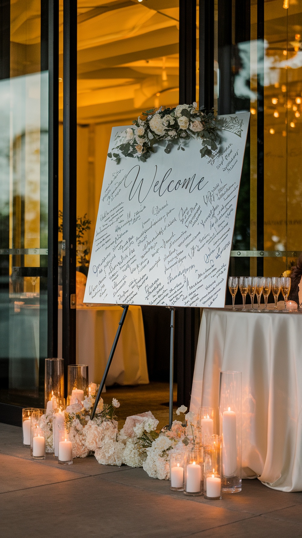 A wedding welcome sign with signatures and floral decorations, accompanied by candles and glassware.
