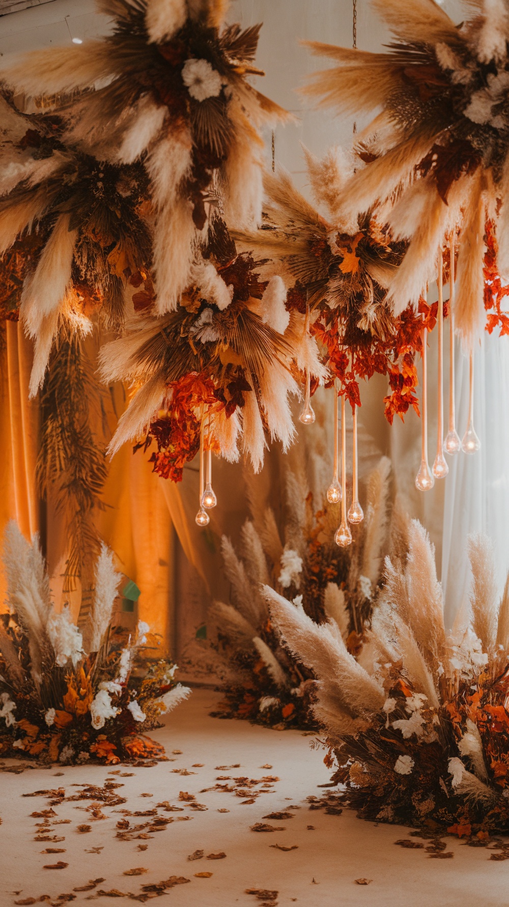 Beautiful dried floral hanging installations with pampas grass, autumn leaves, and warm lighting, creating a whimsical fall wedding decor.