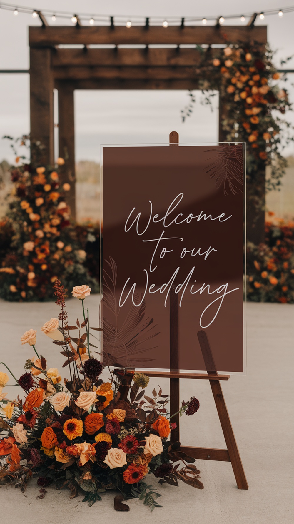 Modern brown wedding welcome sign with floral accents and an elegant font.