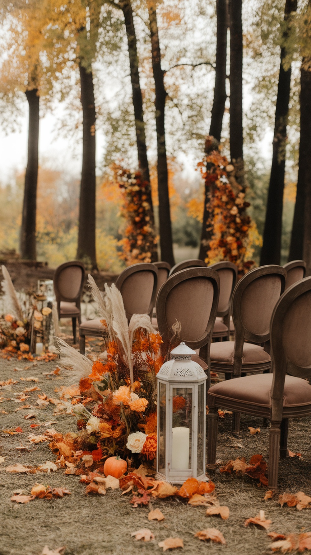 Taupe and chocolate brown ceremony chairs set amidst autumn foliage and decor.