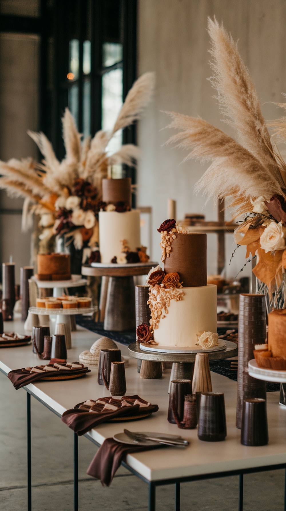 Elegant dessert display featuring brown and cream cakes and treats, perfect for a fall wedding.