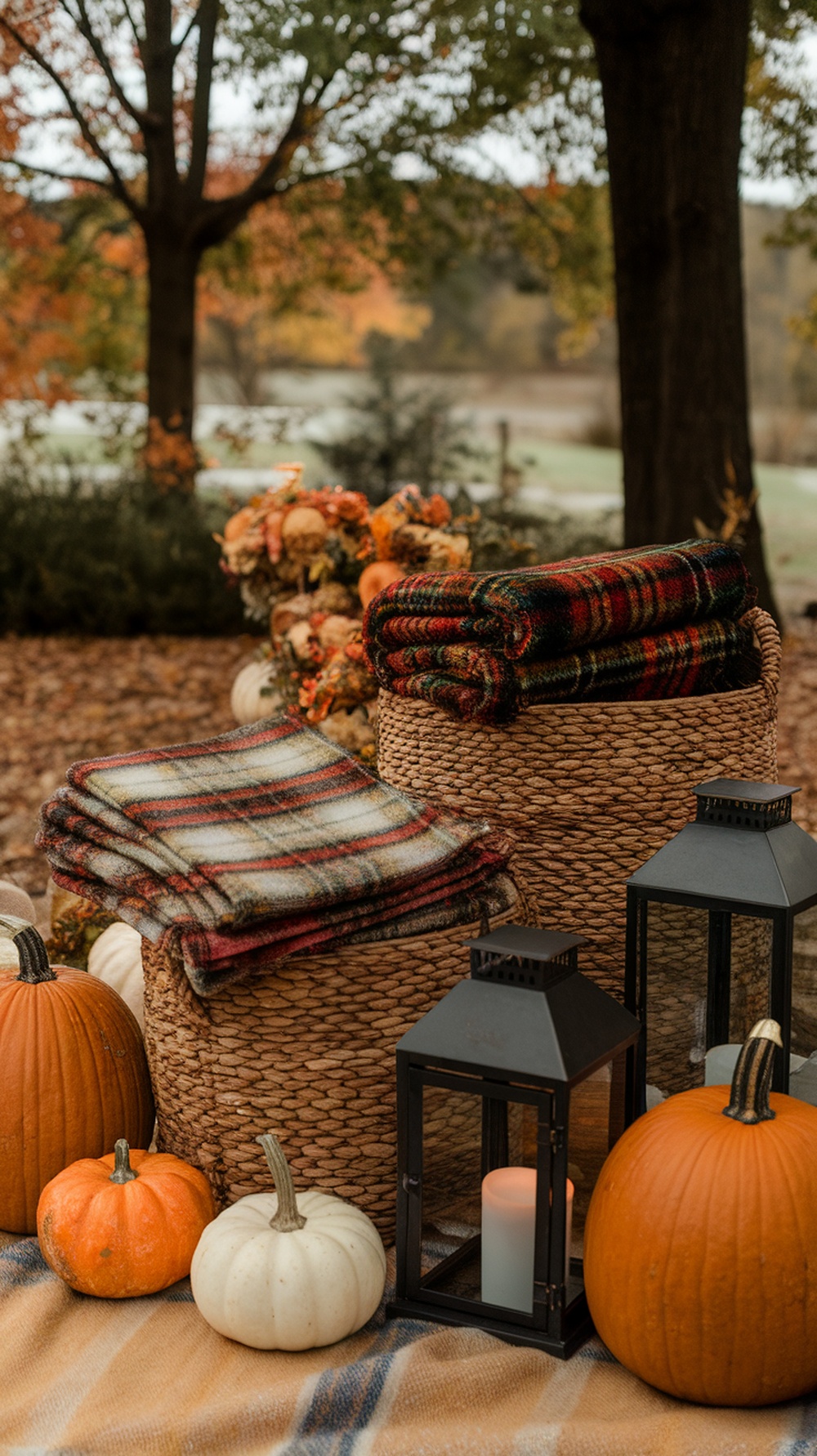 A cozy blanket basket by the dance floor adorned with pumpkins and lanterns, creating a warm fall wedding atmosphere.