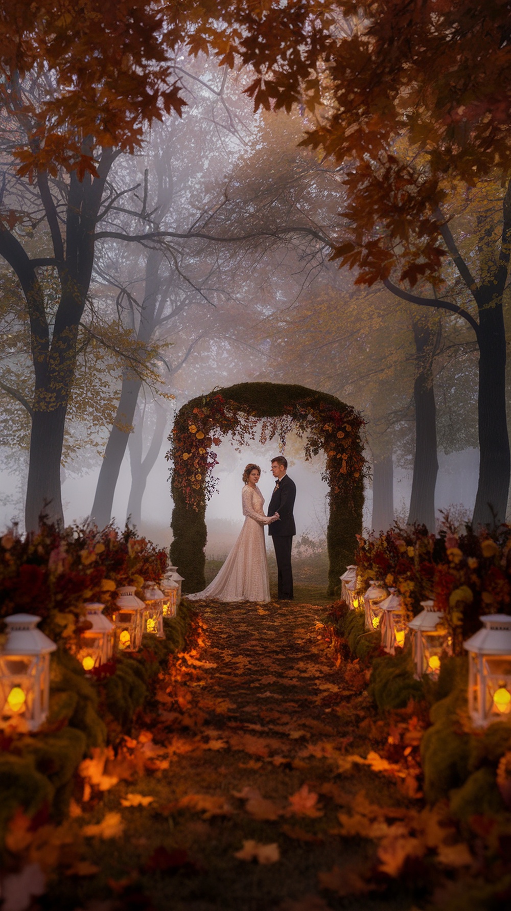 A couple stands in a foggy forest wedding ceremony with an arch and lanterns.