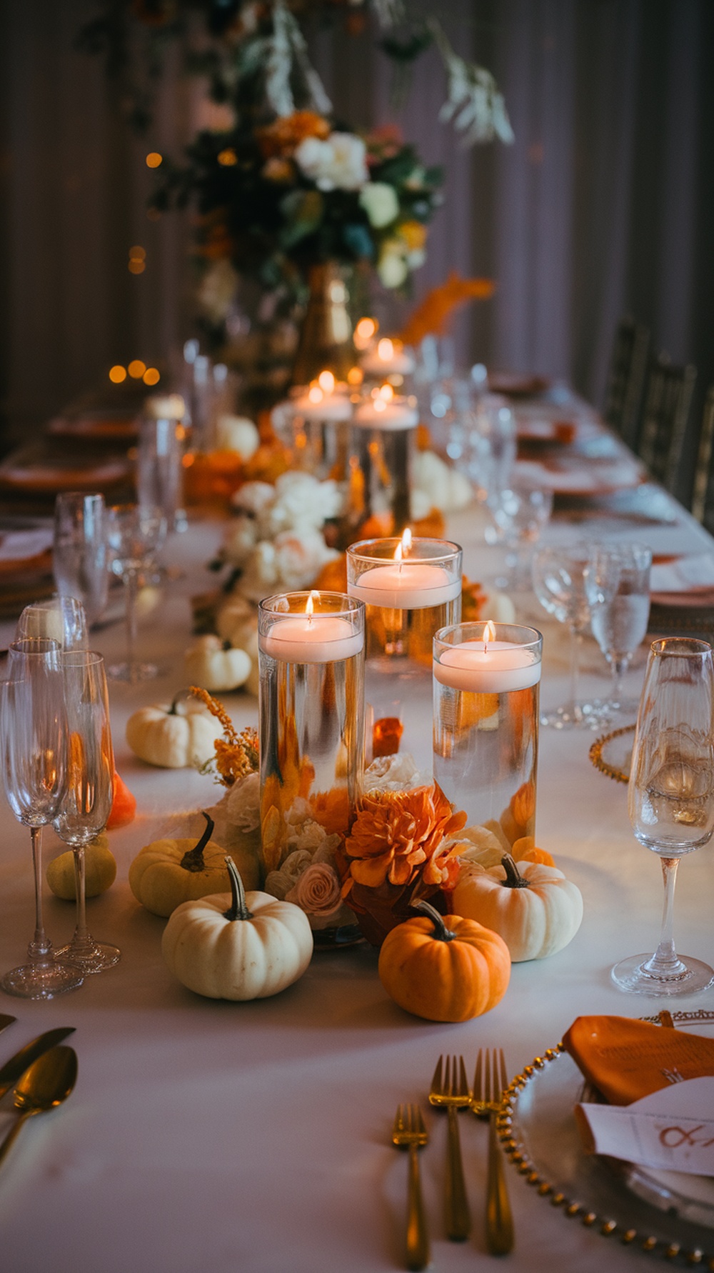 A beautifully arranged table featuring floating candles in glass cylinders, surrounded by tiny pumpkins and colorful flowers.
