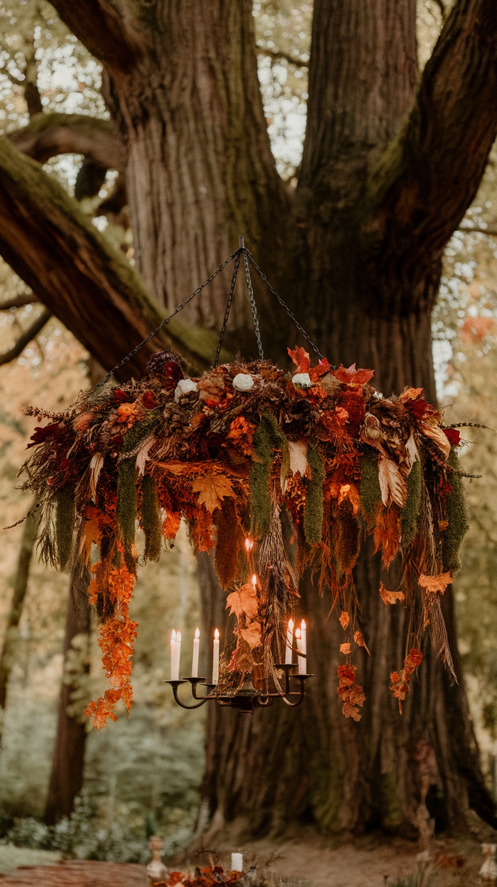 A beautiful hanging floral chandelier with greenery and candles, suspended in a forest setting.