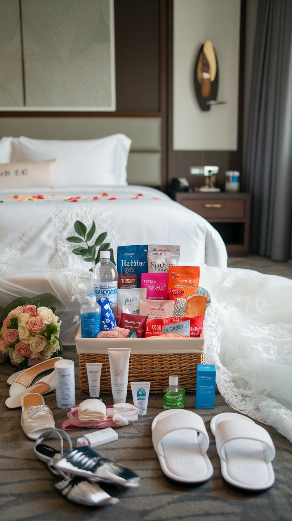 A recovery basket filled with snacks, drinks, skincare products, and slippers placed next to an elegantly made bed.