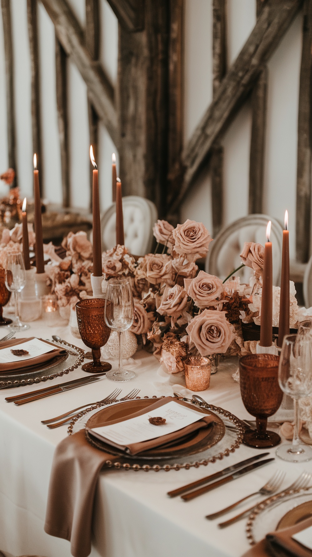 Brown and dusty rose wedding reception table decor with candles and floral arrangements