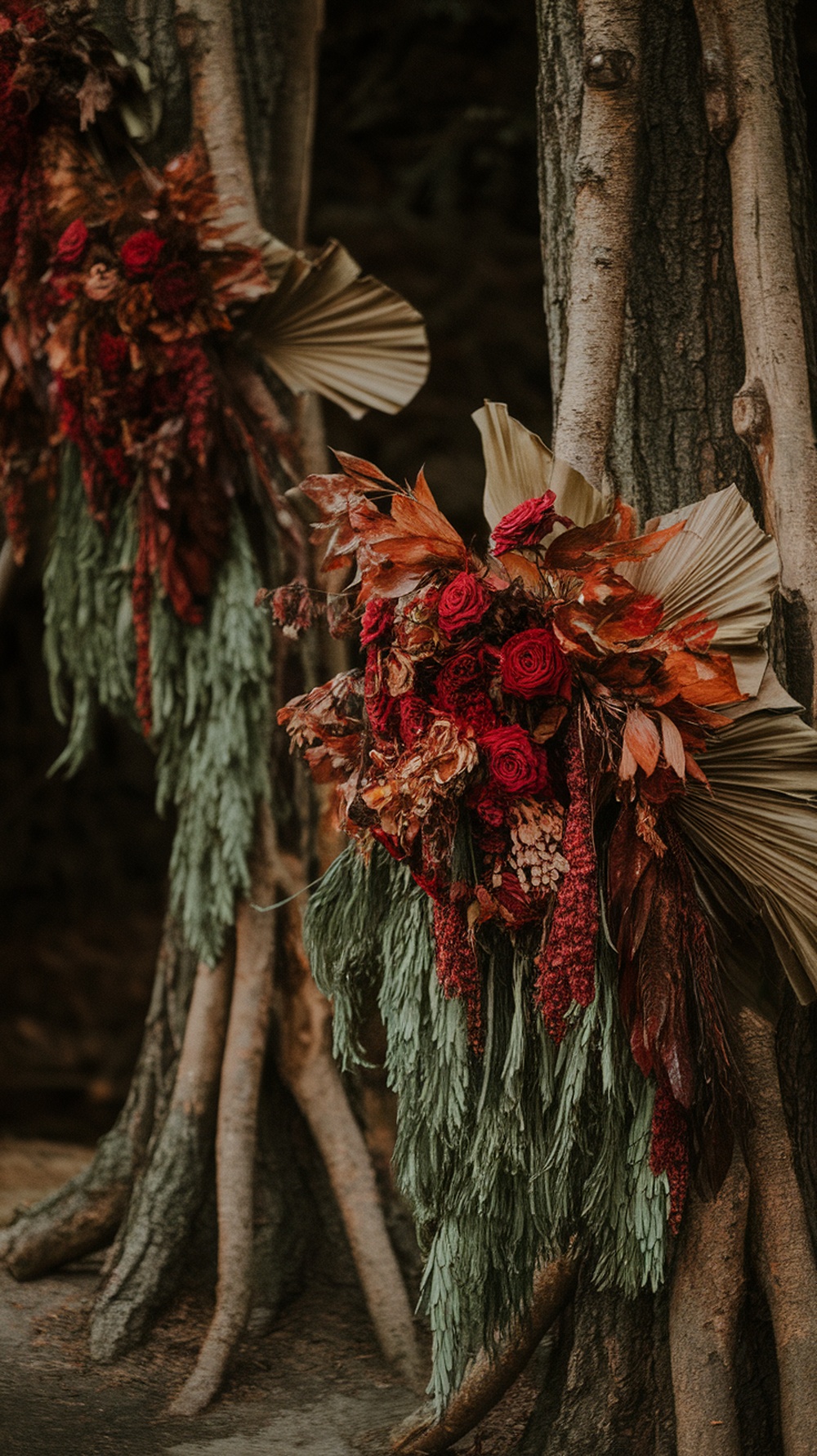 Oversized floral installation on trees with red roses and greenery