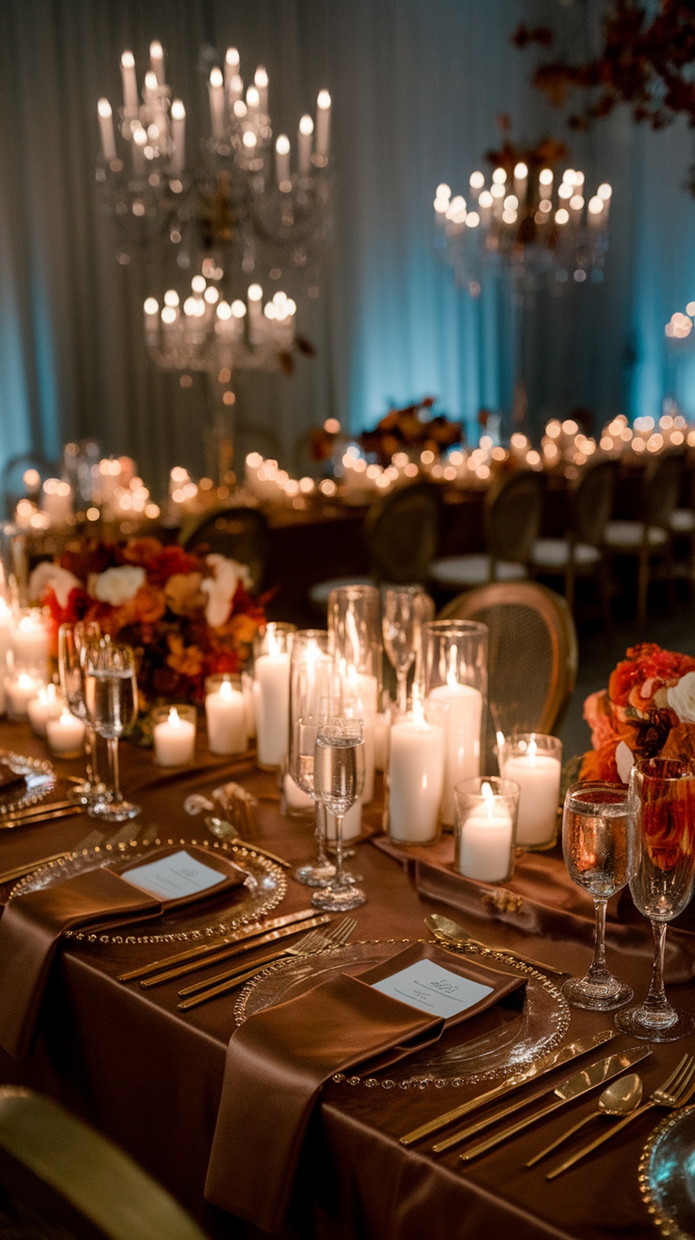 A beautifully decorated reception table with brown and gold elements, featuring candles, elegant glassware, and floral arrangements in red and orange.