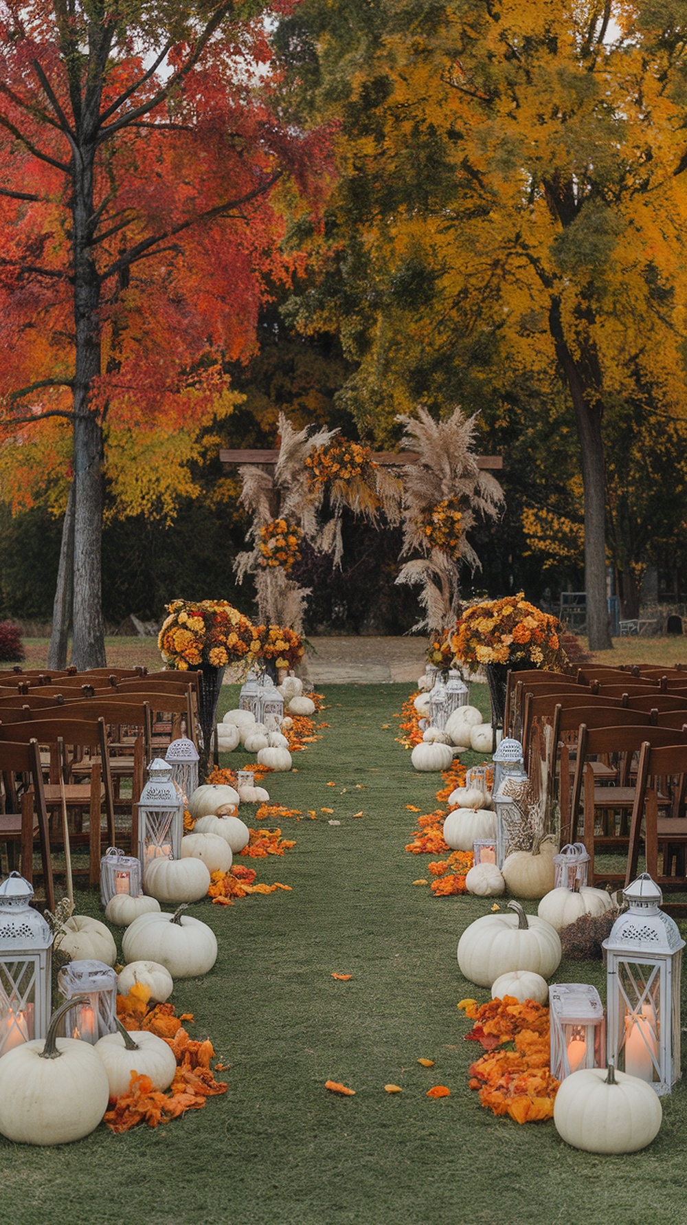 Ceremony aisle decorated with pumpkins and lanterns surrounded by autumn foliage