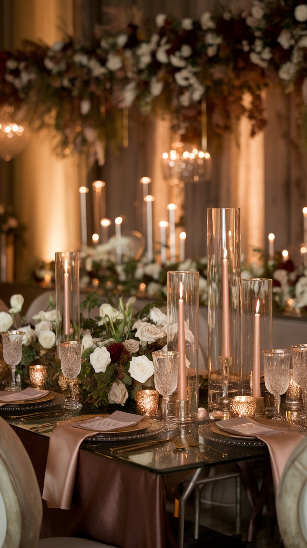 A beautifully decorated reception table featuring chocolate brown and champagne colors, elegant glassware, and floral centerpieces with candles.