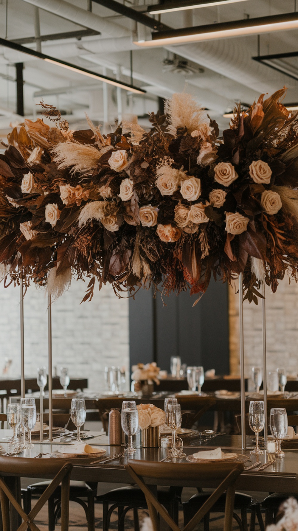 A floral installation featuring cream roses and brown foliage, set above a decorated table for a fall wedding.
