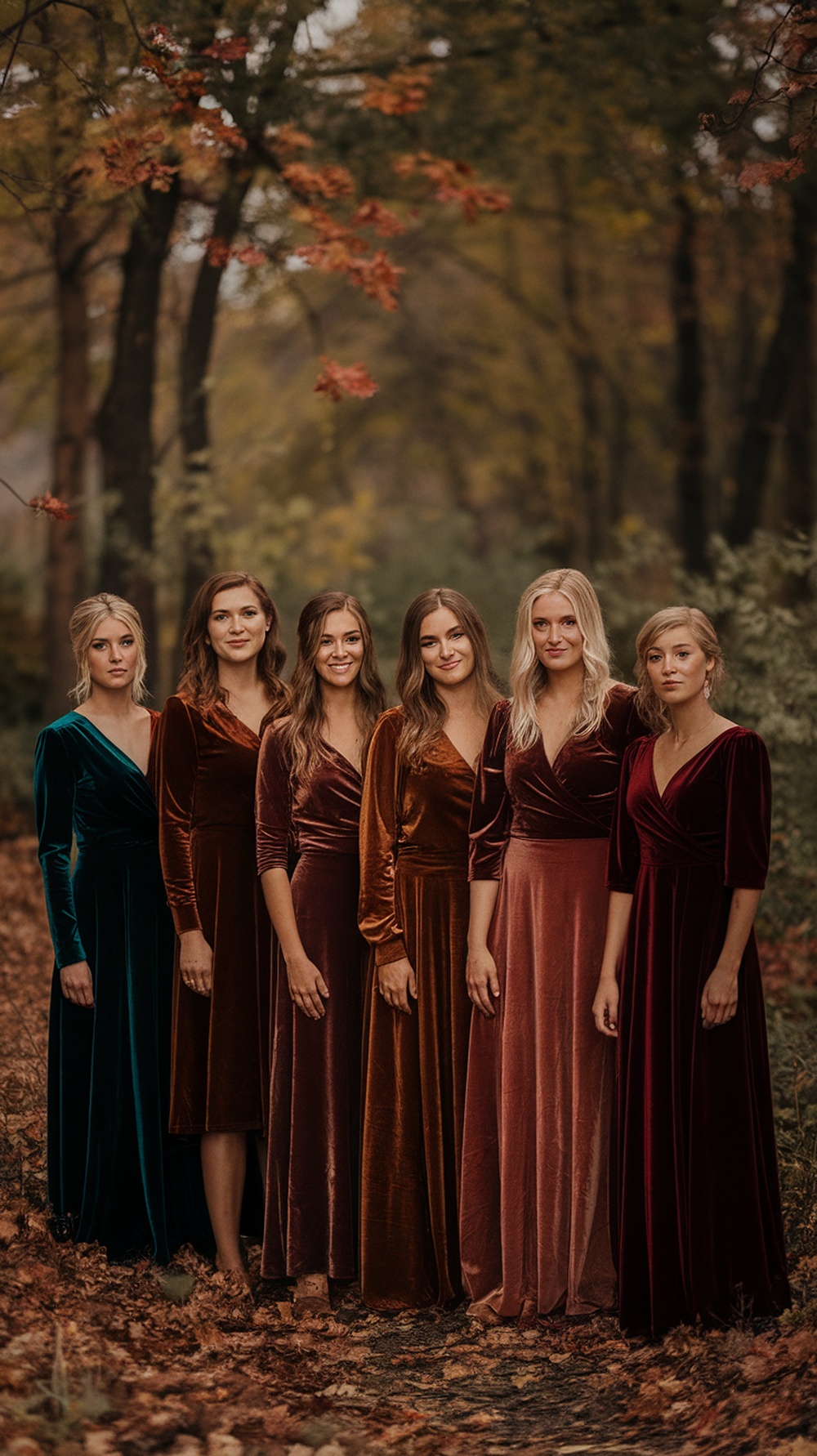 Group of bridesmaids in dark velvet dresses displaying an enchanted forest theme