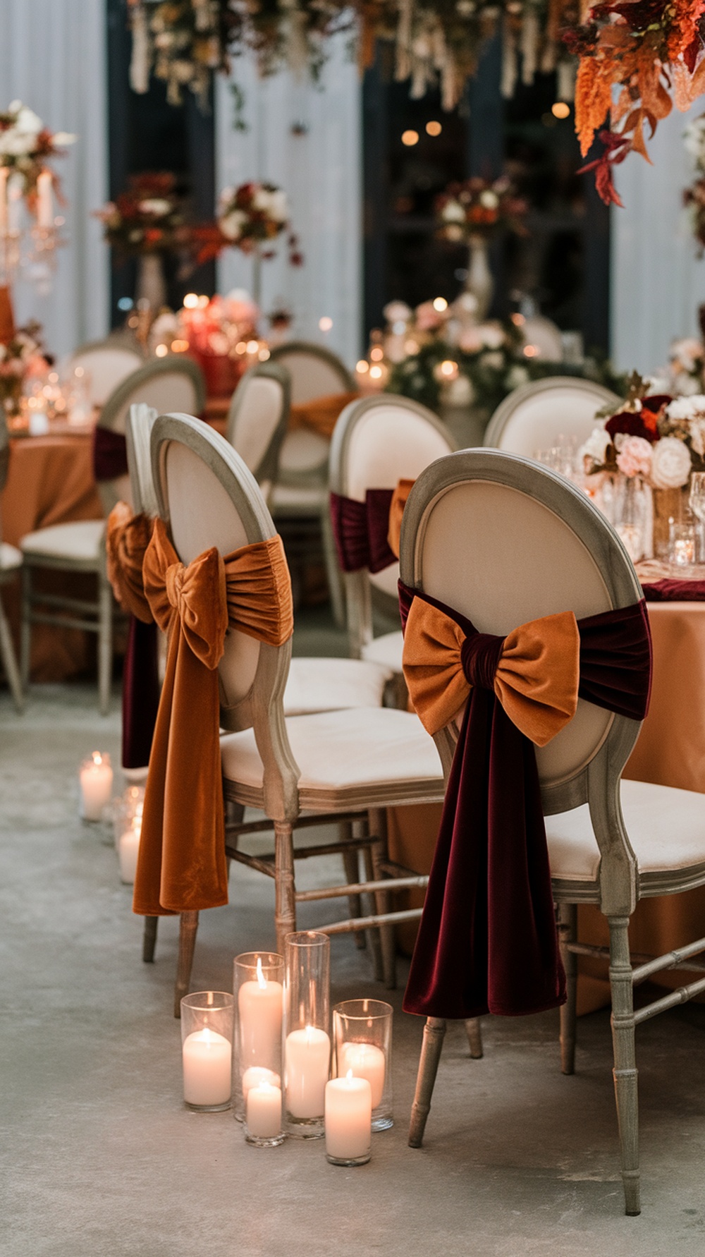 Chairs decorated with oversized bows in burgundy and orange fabric for a fall wedding reception.