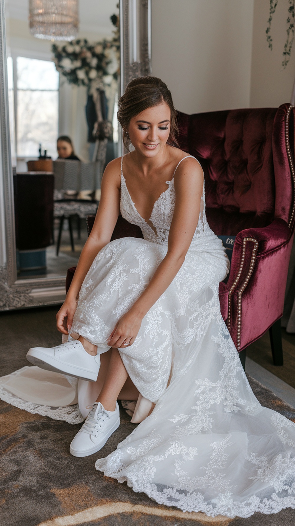 A bride changing from her wedding dress into comfortable white sneakers.