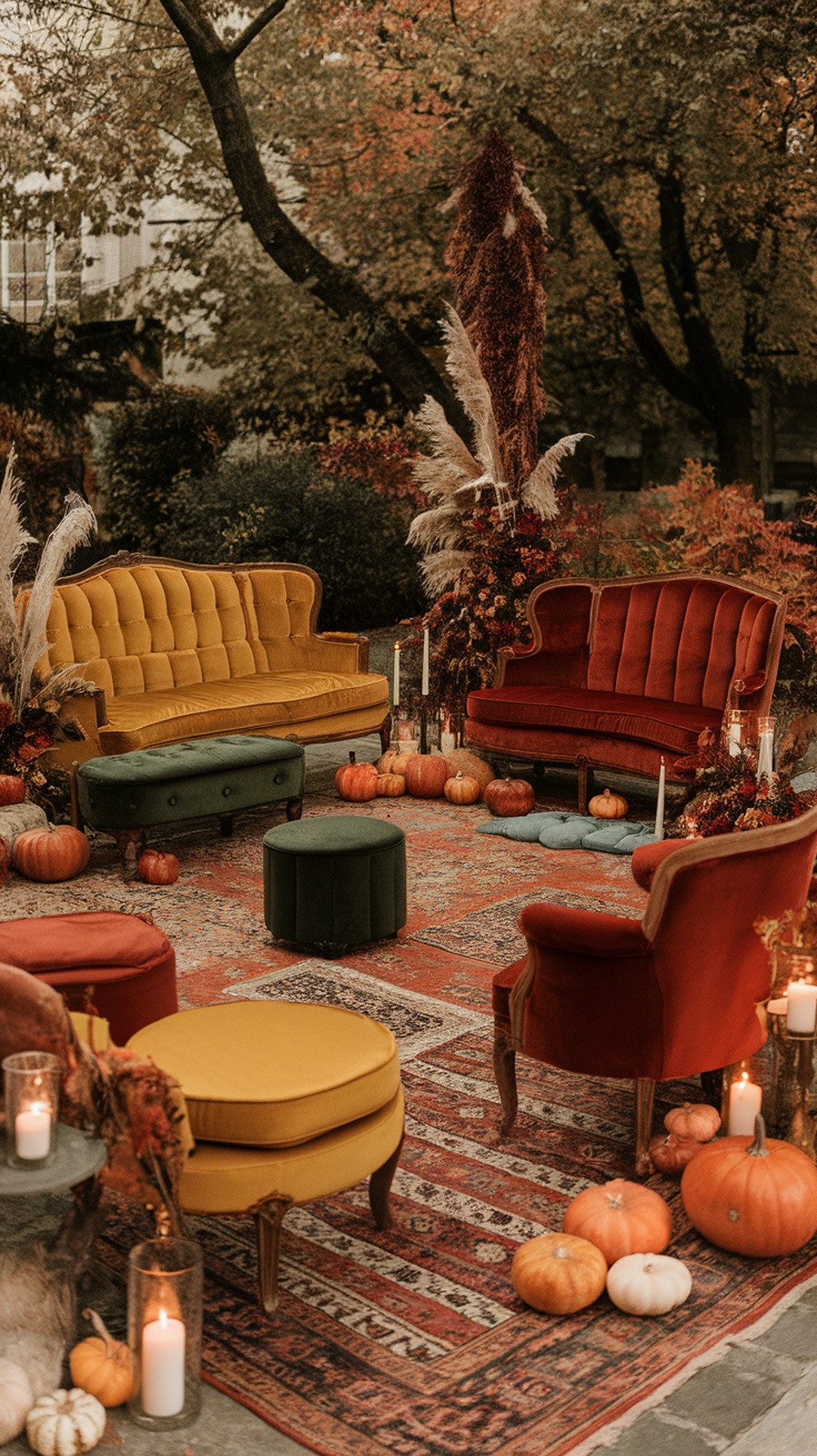 Cozy autumn lounge area with colorful furniture, pumpkins, and candles.