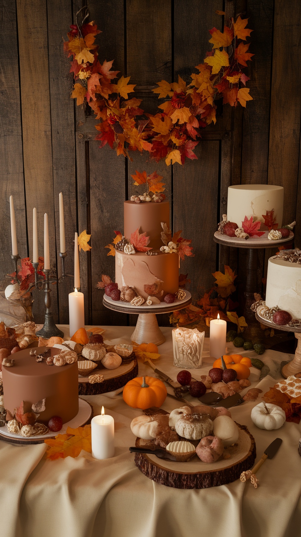 A mocha and cream dessert table beautifully decorated with cakes, small desserts, and autumn leaves, evoking a cozy fall wedding atmosphere.