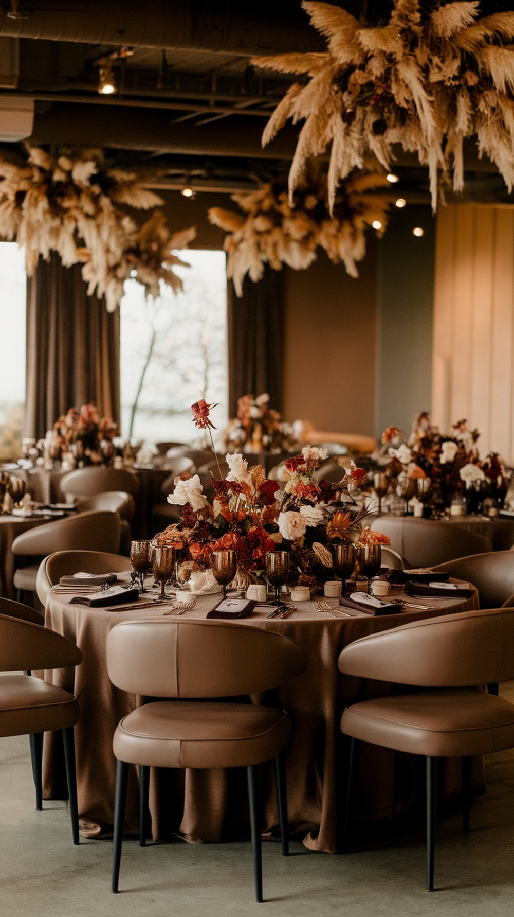 Mocha and black minimalist wedding reception table with floral centerpieces and elegant tableware
