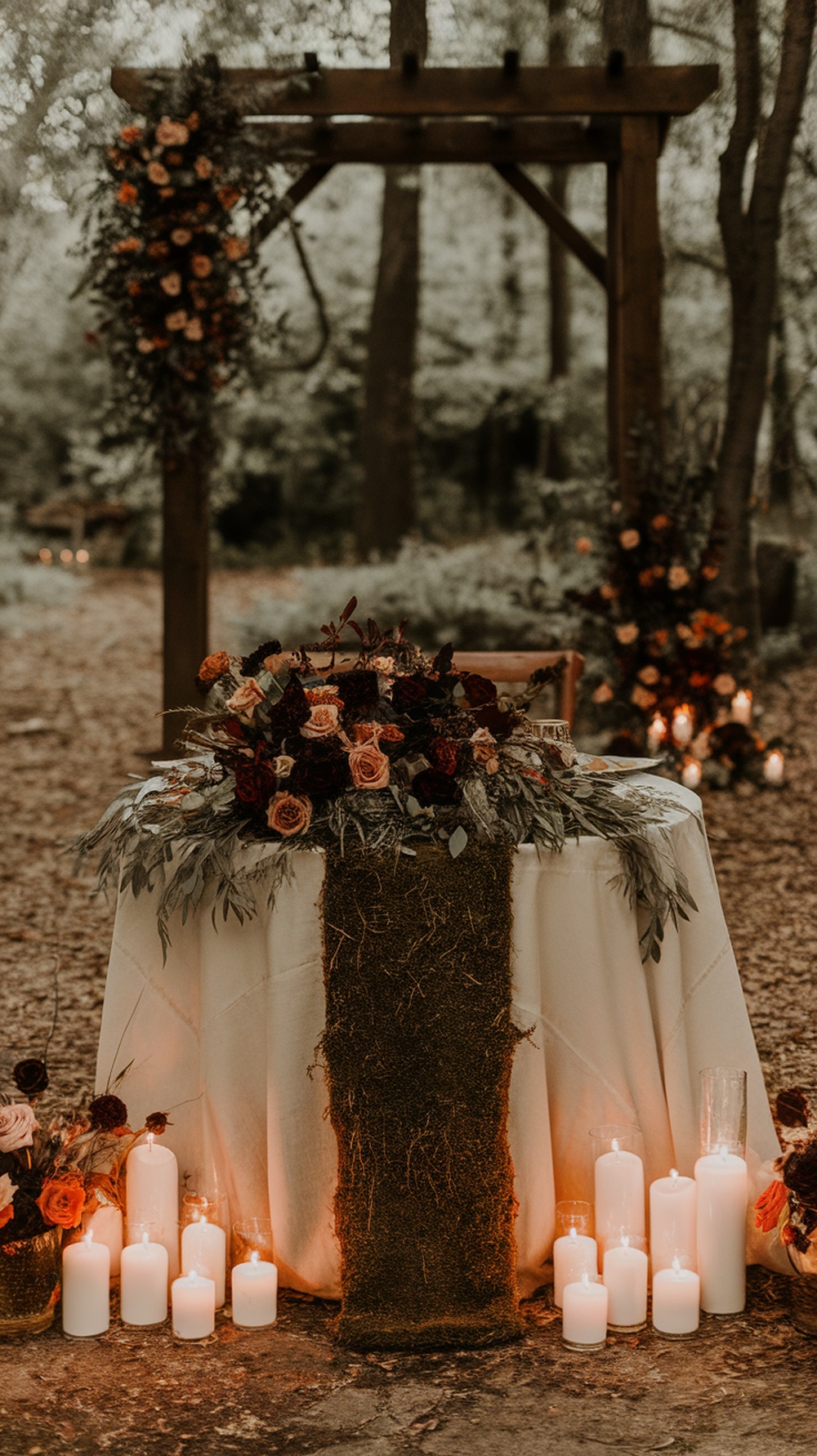 A beautifully decorated sweetheart table surrounded by candles and floral arrangements in an enchanted forest.