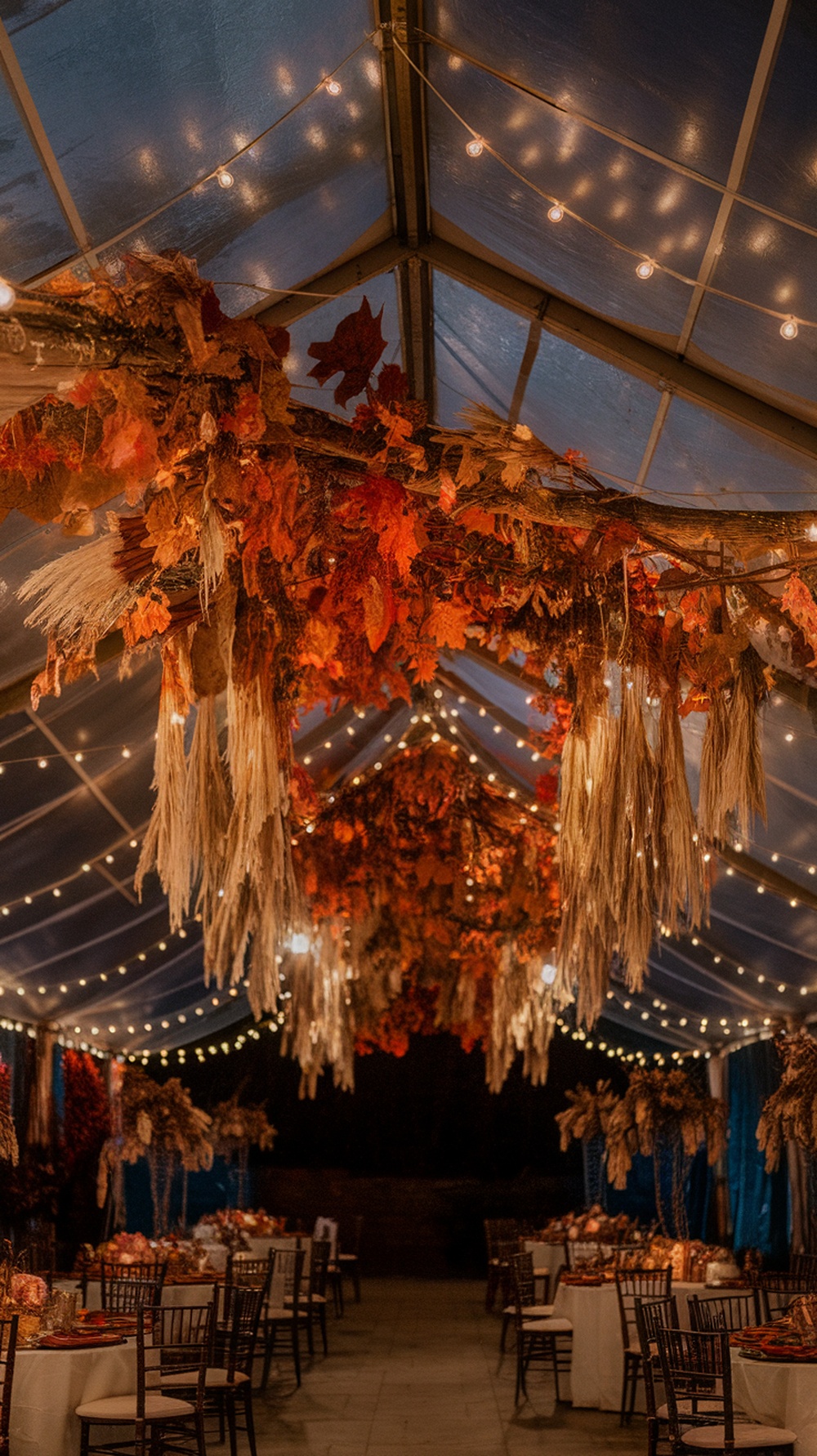 Ceiling decorated with hanging leaves and lights for a fall wedding.