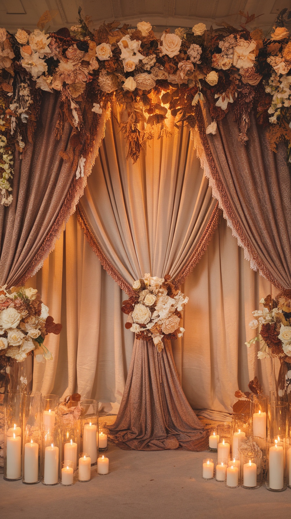 Cappuccino and cream wedding ceremony backdrop with drapes and floral arrangements surrounded by candles.