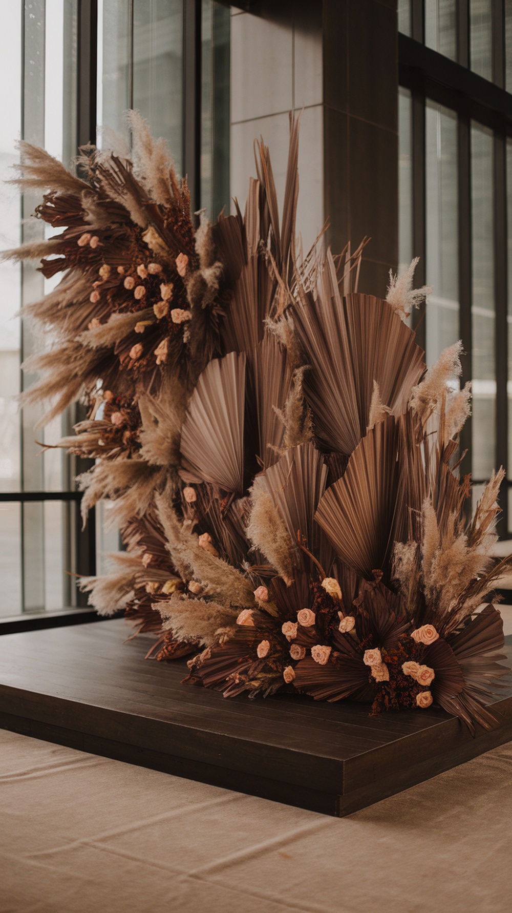 Architectural floral installation for a wedding ceremony, showcasing earthy tones and textures.
