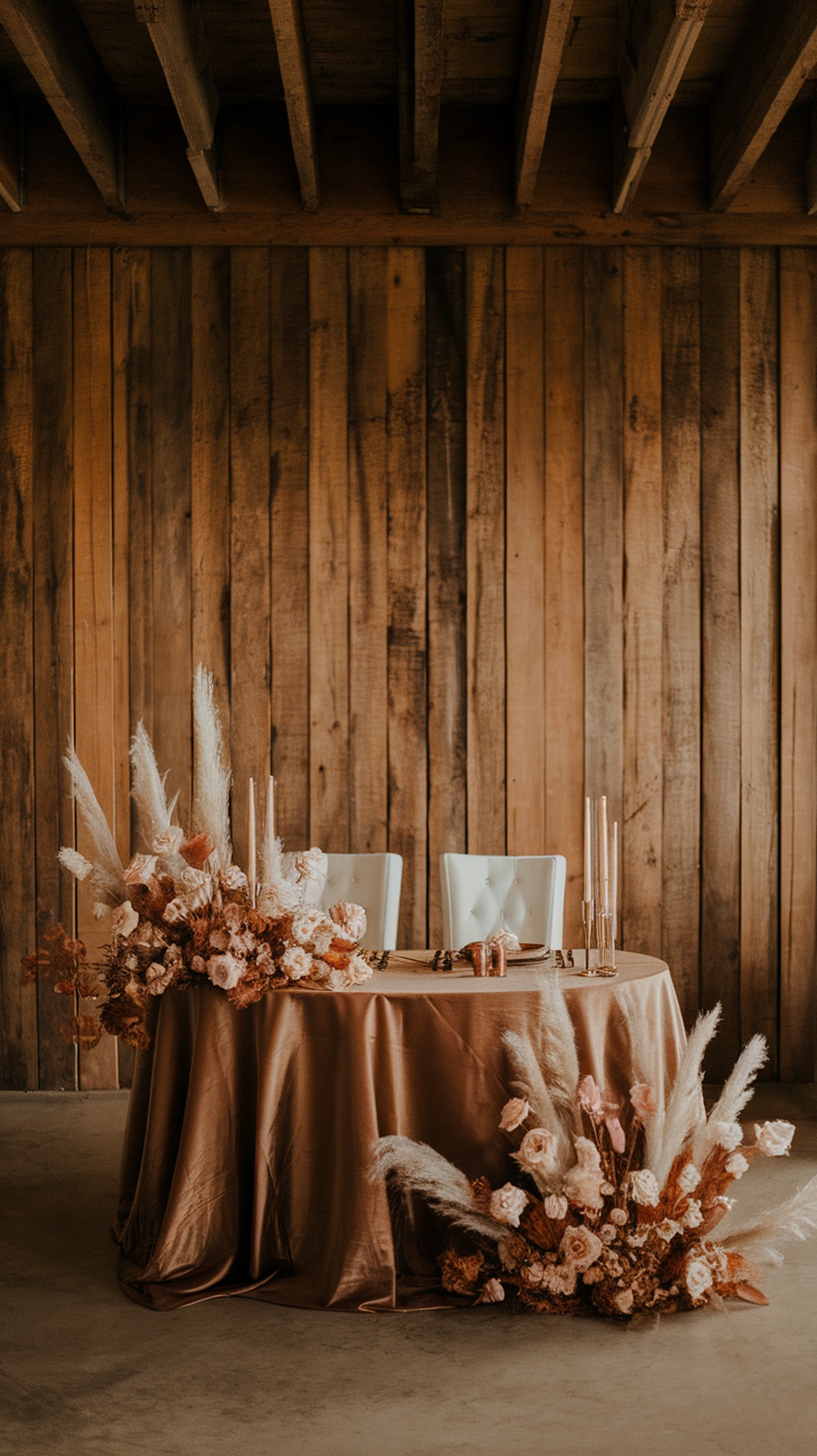 A beautifully styled bridal table featuring a dark brown tablecloth, floral arrangements, and elegant decor.