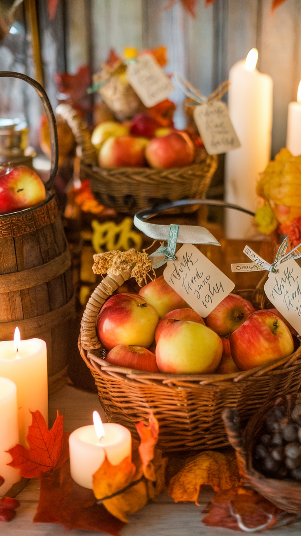 A collection of decorative apple baskets surrounded by candles and autumn leaves.