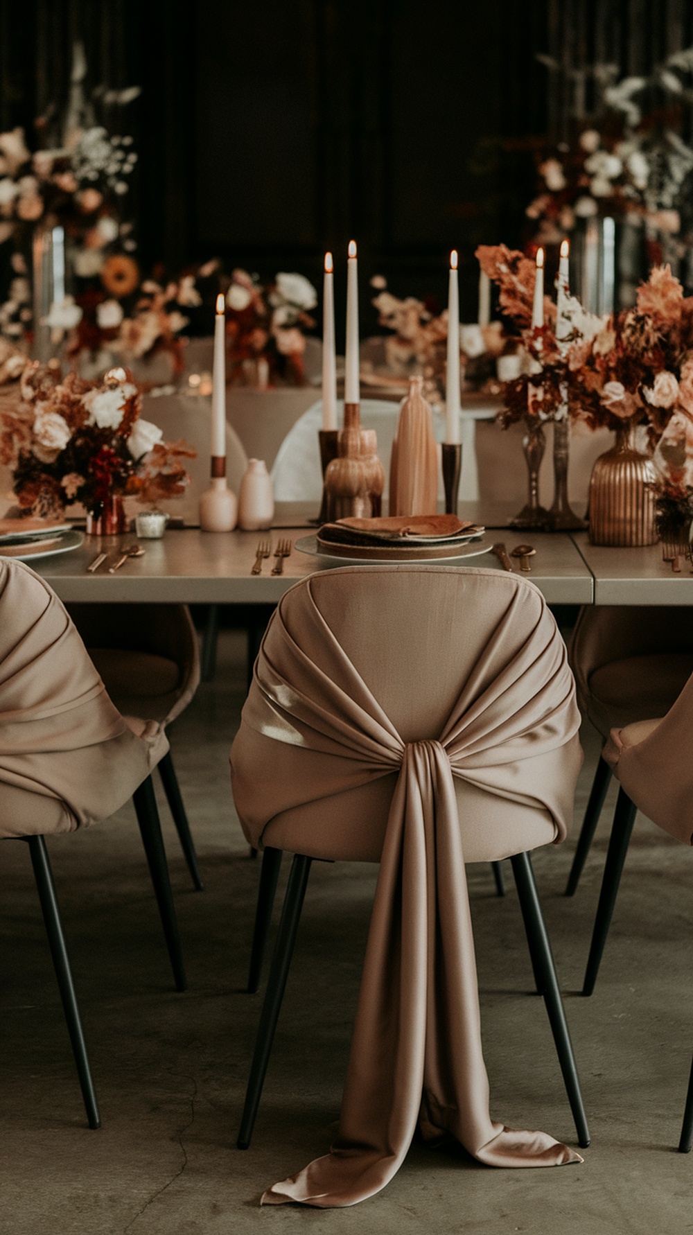 Elegant reception setup with mocha satin chairs and autumn floral decorations.