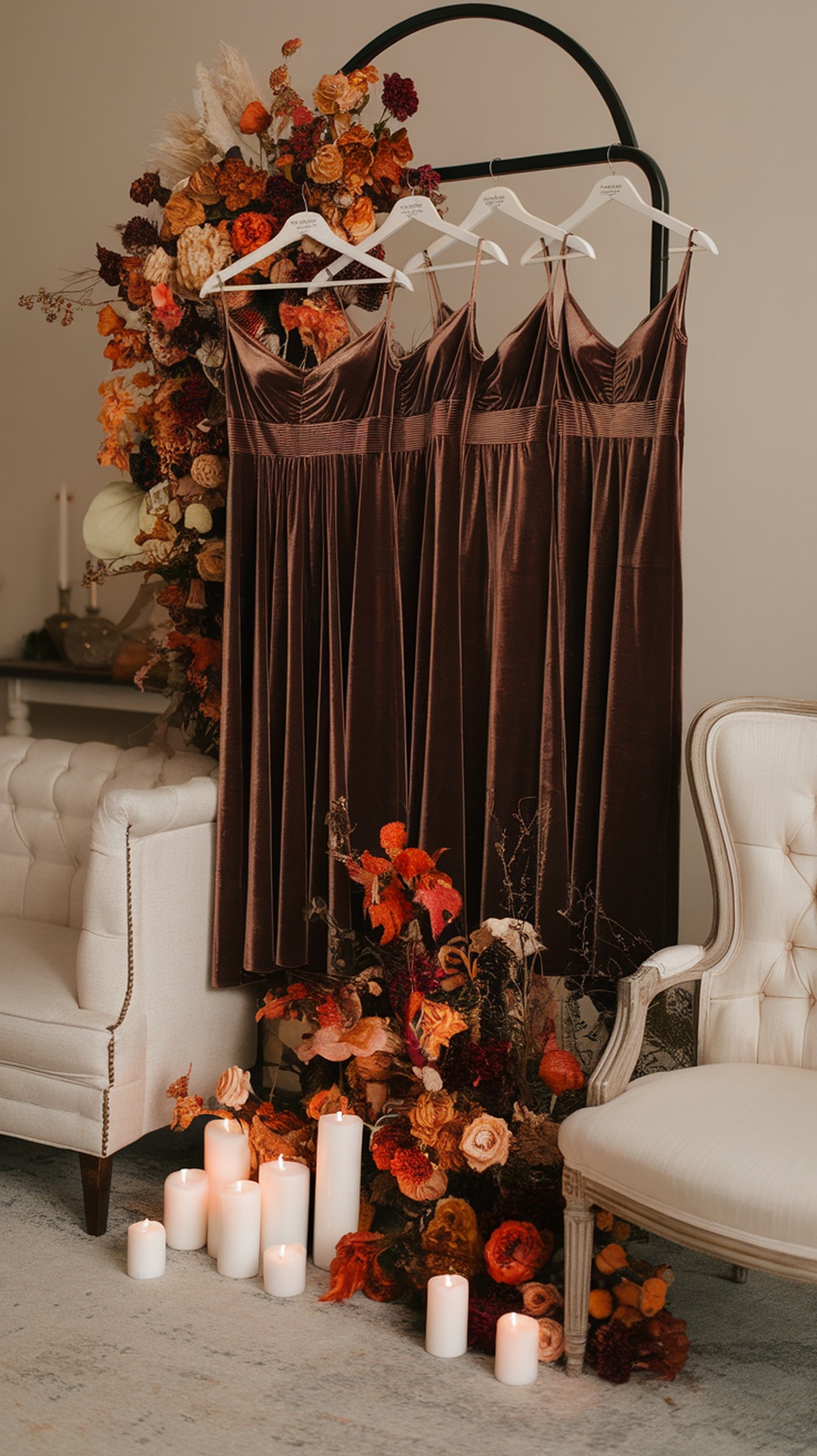 Espresso brown velvet bridesmaid dresses displayed with autumn floral arrangement and candles.