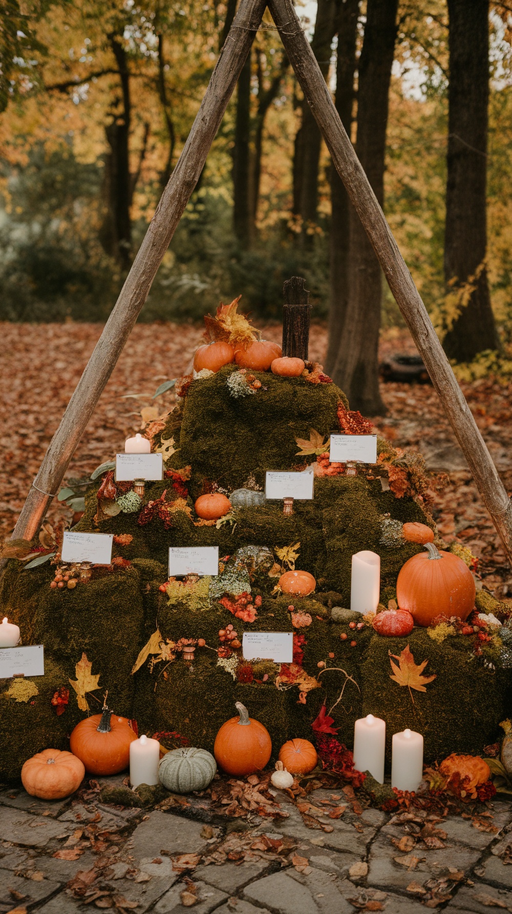 A whimsical escort card table with moss, pumpkins, and candles in a forest setting.