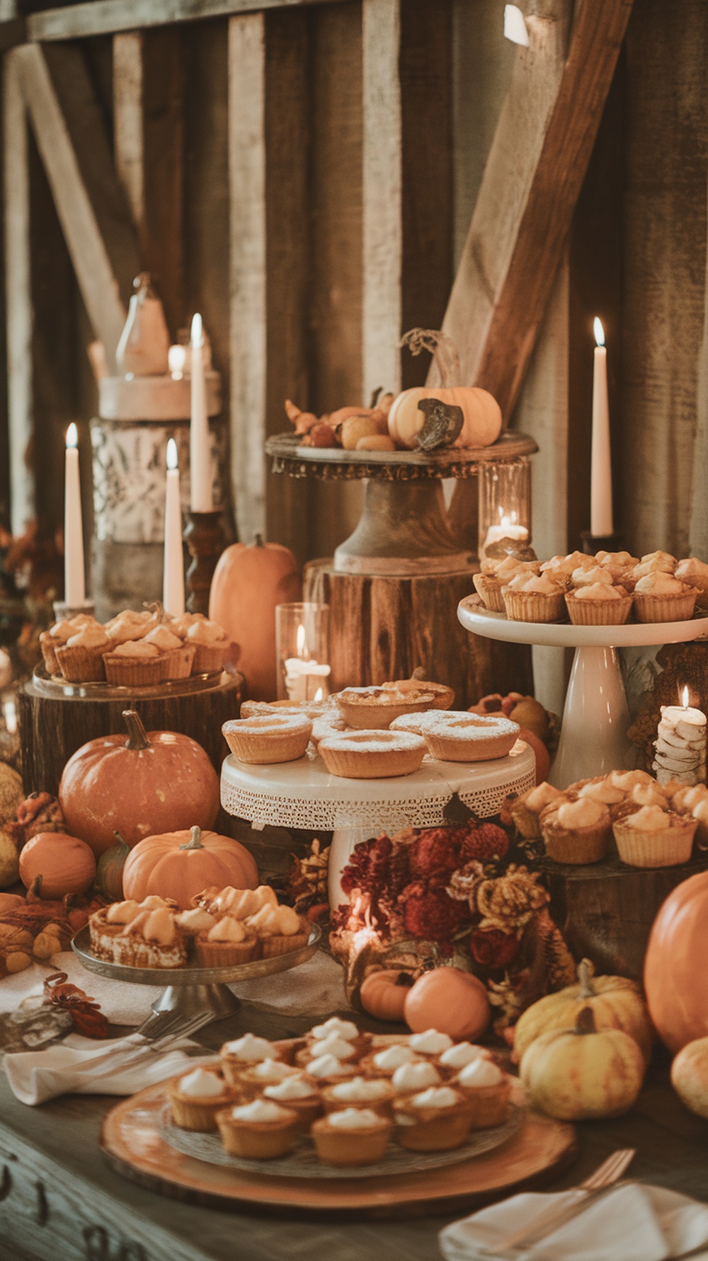 A whimsical pie dessert table decorated with mini pies, pumpkins, and candles for a fall wedding.
