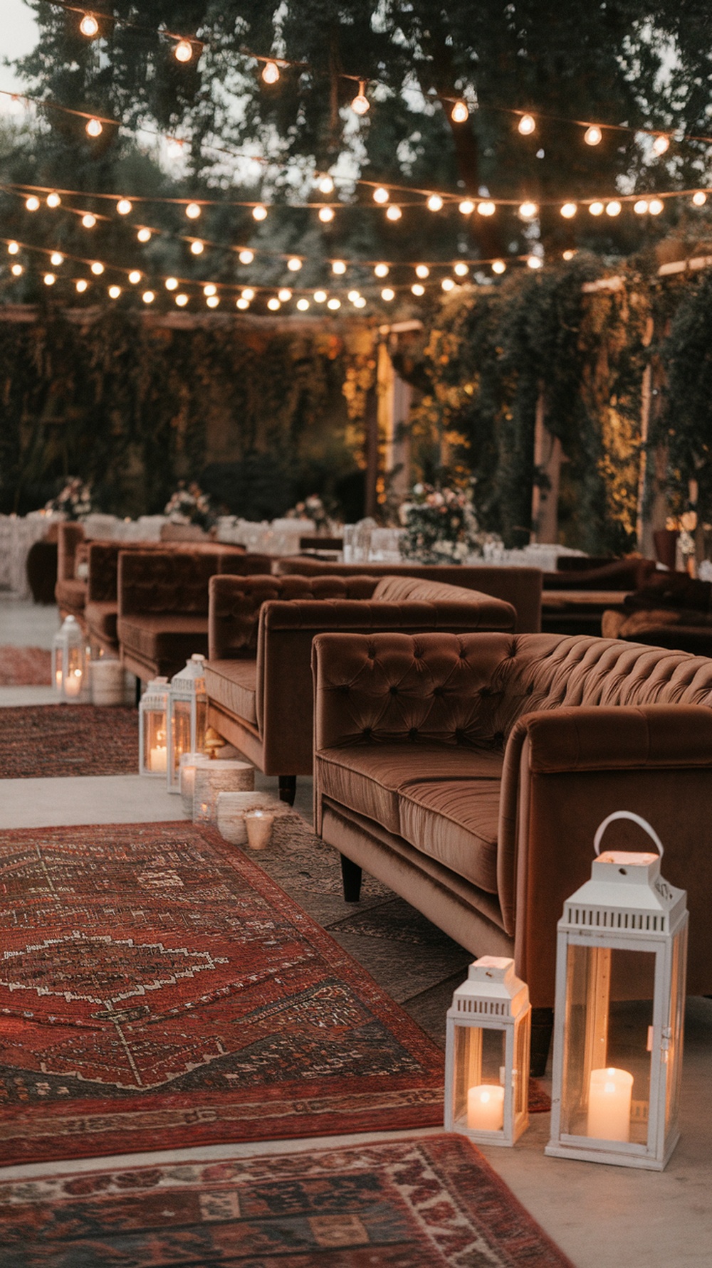 Brown wedding lounge setup with cozy sofas, lanterns, and string lights.