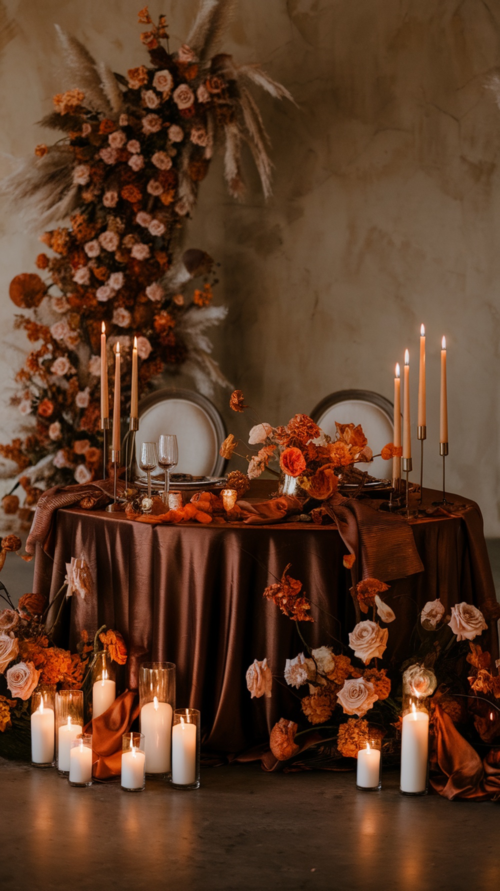Sweetheart table decorated with dark brown tablecloth, burnt orange flowers, and candles