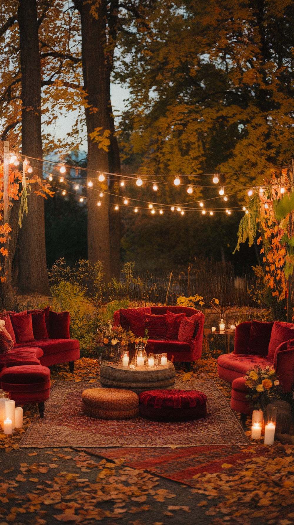 Outdoor lounge area decorated with red velvet chairs, candles, and string lights in a fall setting.