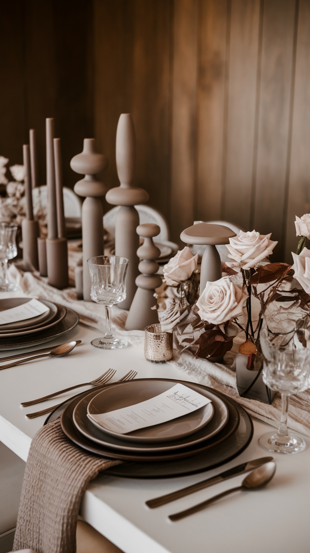 Brown and taupe monochrome tablescape for a fall wedding featuring layered plates, candles, and floral arrangements.