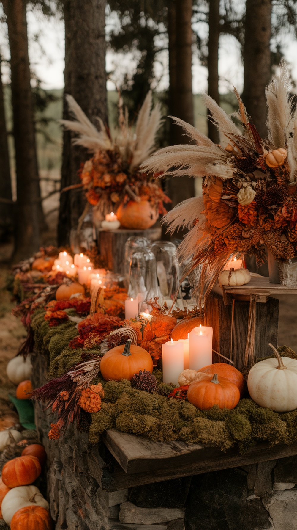 Whimsical forest-inspired bar setup with pumpkins, candles, and floral arrangements