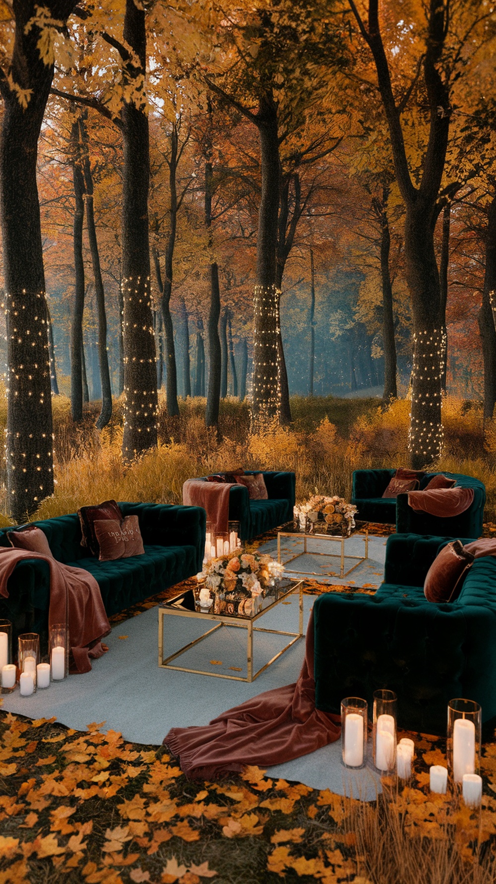 A cozy wedding lounge area nestled in an enchanted forest with dark green sofas, gold accents, and warm candlelight.